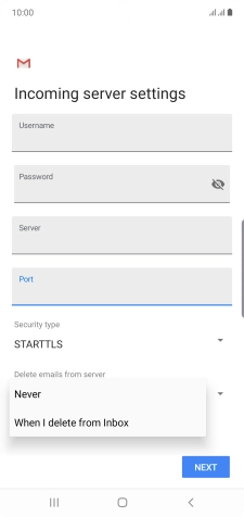 Press Never to keep email messages on the server when you delete them on your phone.