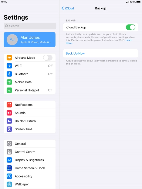 Press Back Up Now and wait while the tablet memory is backed up.