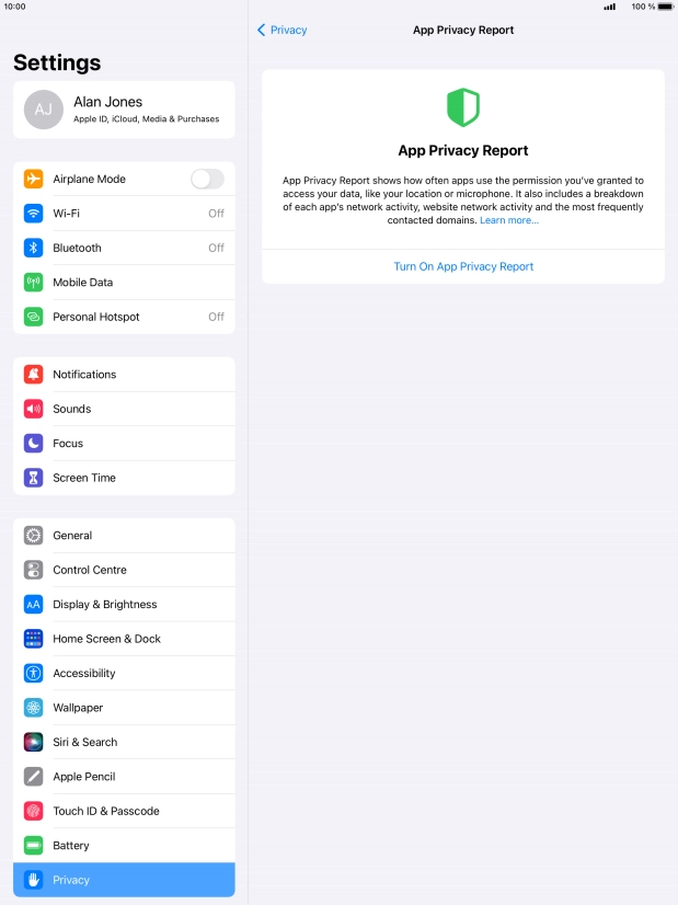 Press Turn On App Privacy Report to turn on the function.