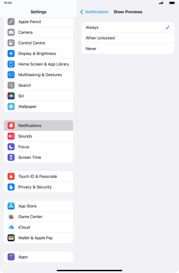 To select notification preview on the lock screen, press Always.