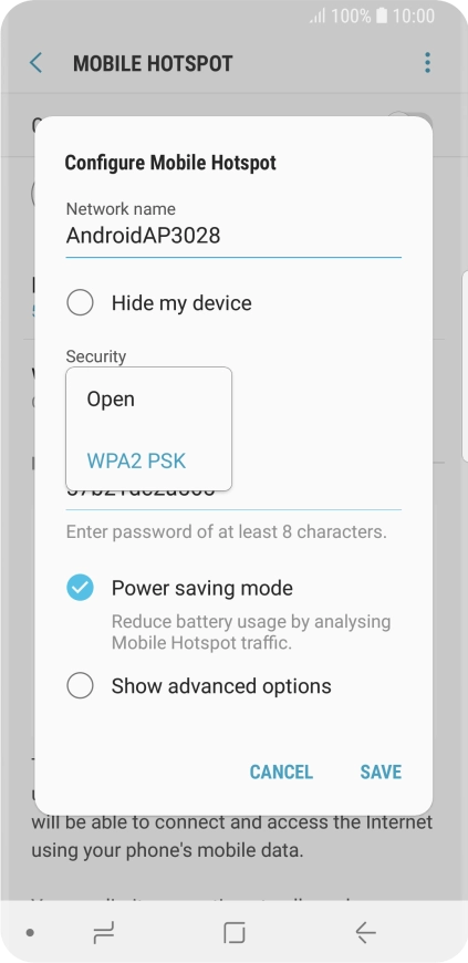 Press WPA2 PSK to password protect your Wi-Fi hotspot.