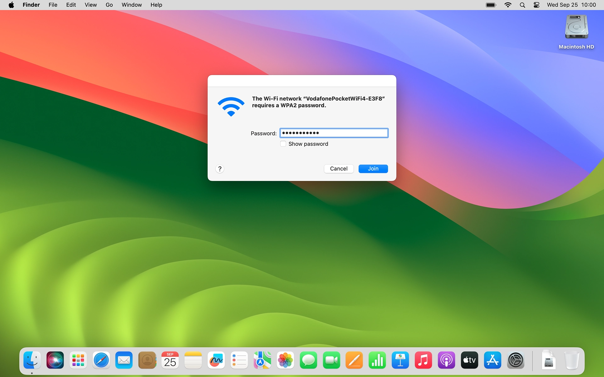 Key in the Wi-Fi password for your Wi-Fi hotspot and click Join.