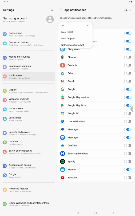 Press the required setting.