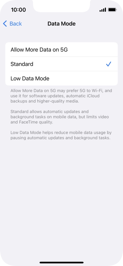 Press the required setting.
