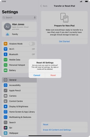 Press Reset. Wait a moment while the factory default settings are restored. Follow the instructions on the screen to set up your tablet and prepare it for use.