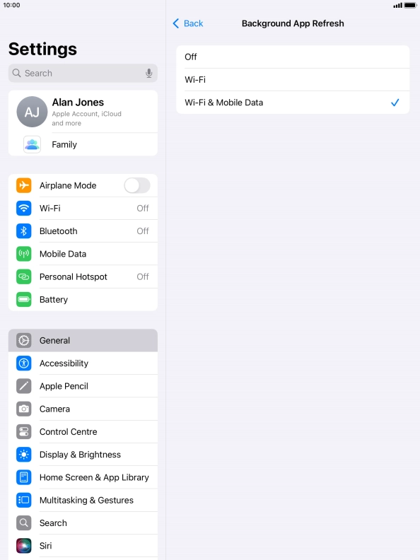 To turn off background refresh of apps, press Off.