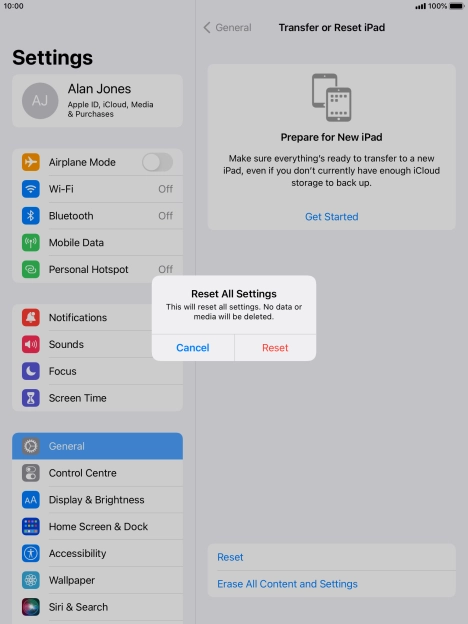 Press Reset. Wait a moment while the factory default settings are restored. Follow the instructions on the screen to set up your tablet and prepare it for use.
