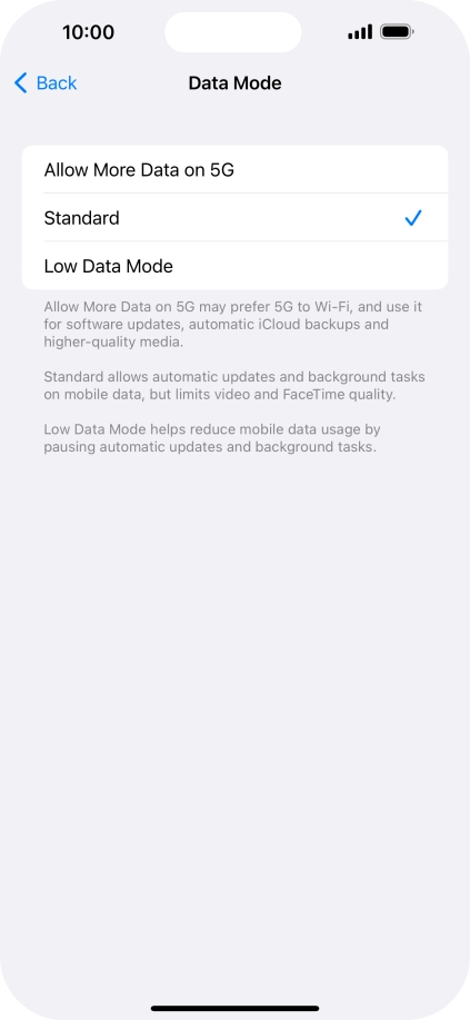 Press the required setting.