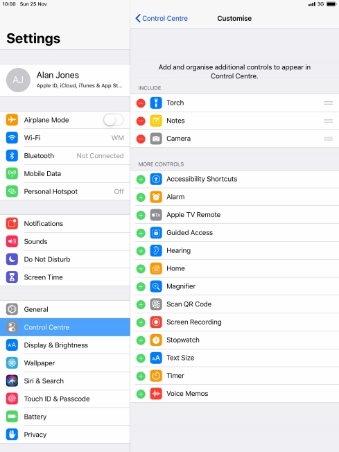Press the delete icon next to the required function to remove it from Control Centre.