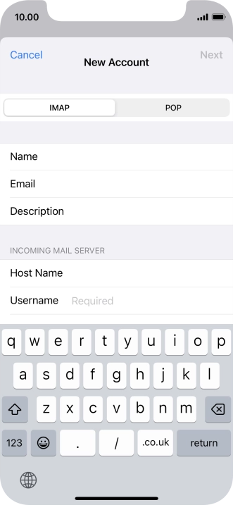 Press Username and key in the username for your email account.