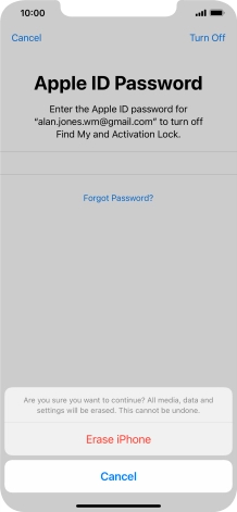 Key in the password for your Apple ID and press Erase iPhone. Wait a moment while the factory default settings are restored. Follow the instructions on the screen to set up your phone and prepare it for use.