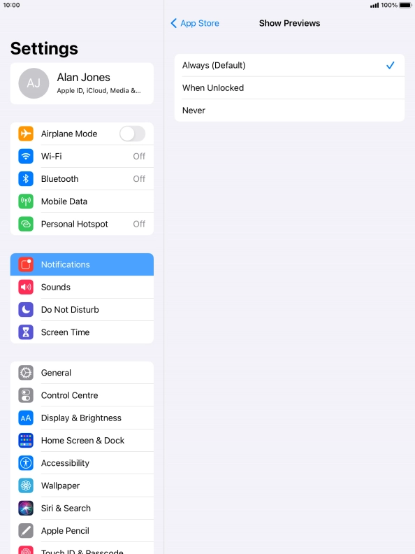 Press the required setting.