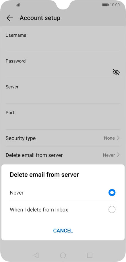 Press Never to keep email messages on the server when you delete them on your phone.