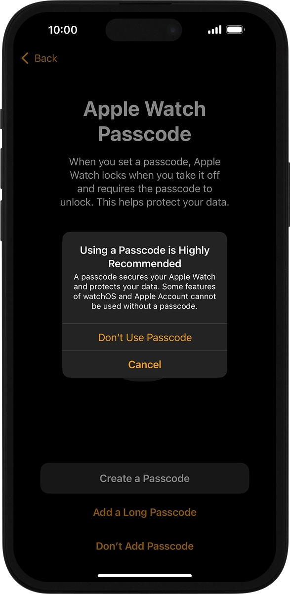 On your phone: Press Don't Use Passcode.