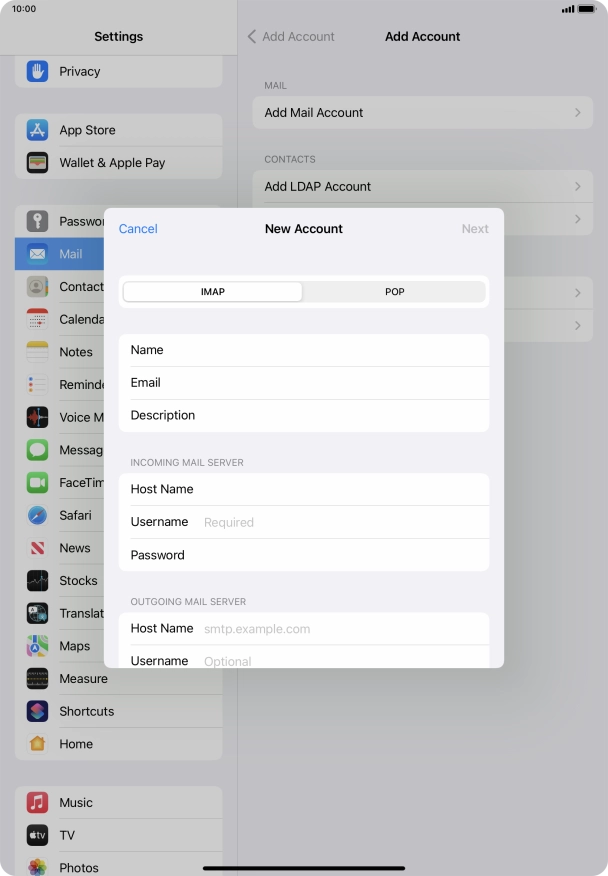 Press Username and key in the username for your email account.