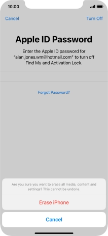 Key in the password for your Apple ID and press Erase iPhone. Wait a moment while the factory default settings are restored. Follow the instructions on the screen to set up your phone and prepare it for use.
