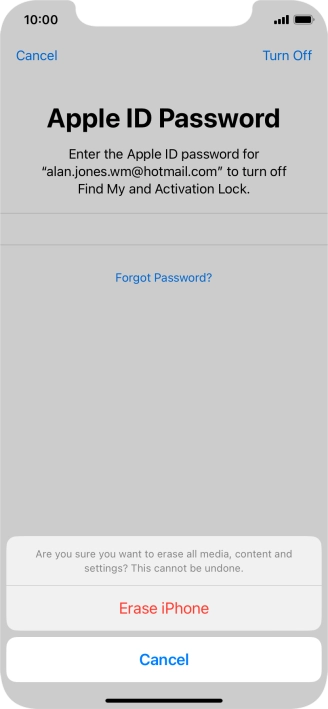 Key in the password for your Apple ID and press Erase iPhone. Wait a moment while the factory default settings are restored. Follow the instructions on the screen to set up your phone and prepare it for use.