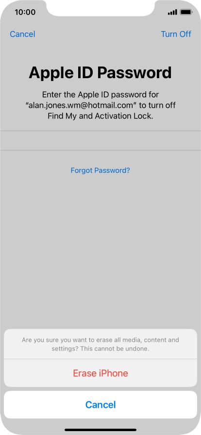 Key in the password for your Apple ID and press Erase iPhone. Wait a moment while the factory default settings are restored. Follow the instructions on the screen to set up your phone and prepare it for use.