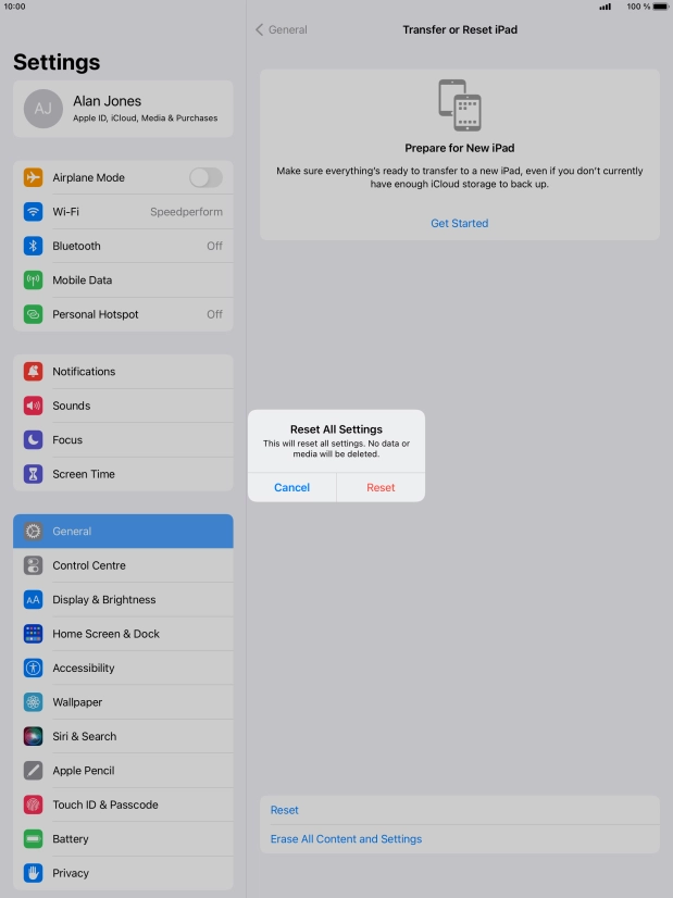 Press Reset. Wait a moment while the factory default settings are restored. Follow the instructions on the screen to set up your tablet and prepare it for use.