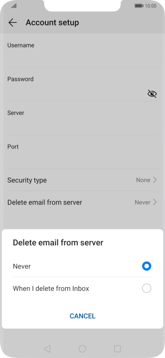 Press Never to keep email messages on the server when you delete them on your phone.
