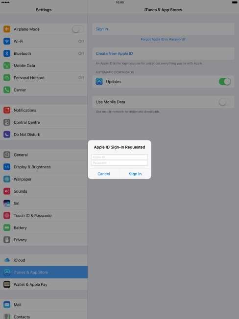 Press Apple ID and key in the username for your Apple ID.