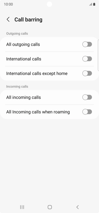 Press the indicator next to the required barring type to turn the function on or off.