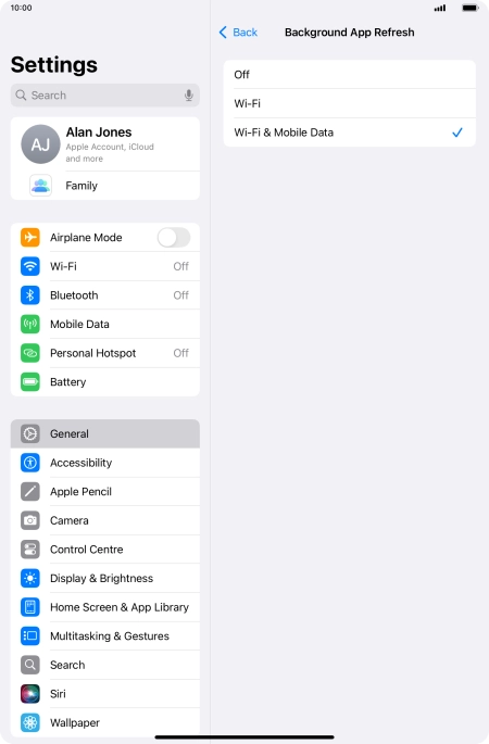 To turn off background refresh of apps, press Off.