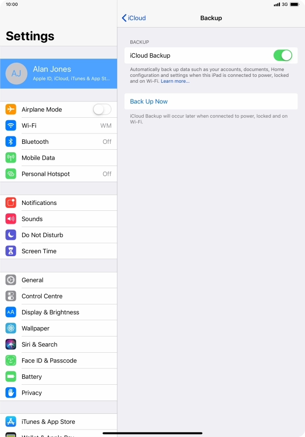 Press Back Up Now and wait while the tablet memory is backed up.
