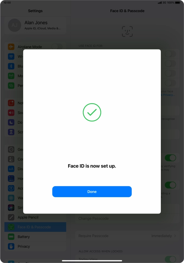 Press Done. If you haven't previously selected a lock code, key in a code of your own choice twice.