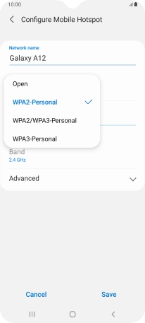 Press WPA3-Personal to password protect your Wi-Fi hotspot.