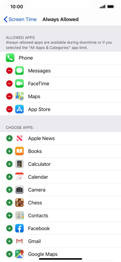 Press the remove icon next to the required app to remove it from the list of allowed apps during Downtime.