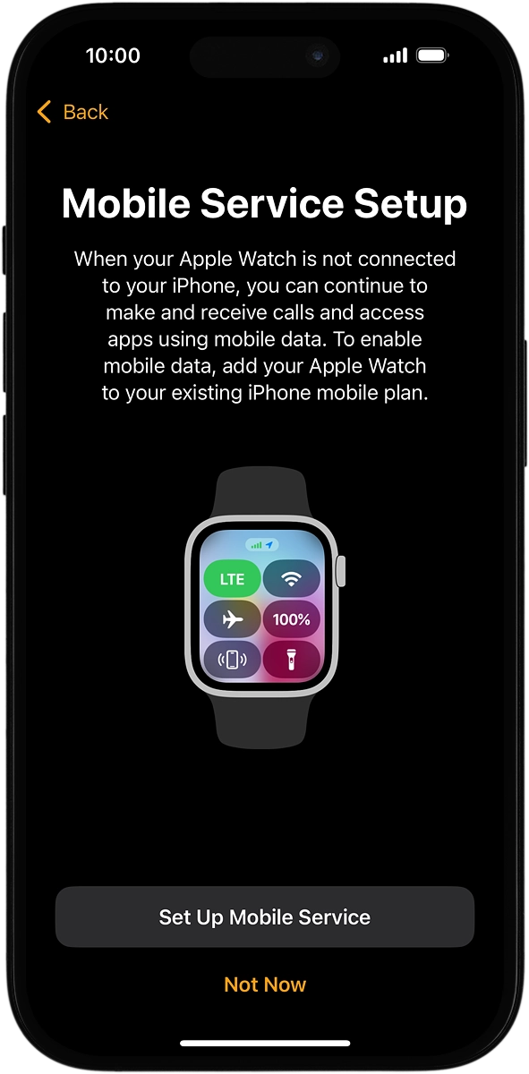 On your phone: Follow the instructions on the screen to set up mobile data on your Apple Watch or press Not Now. Go to the Vodafone support page for more information.