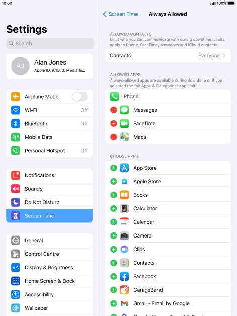 Press the add icon next to the required app to add it to the list of allowed apps during Downtime.