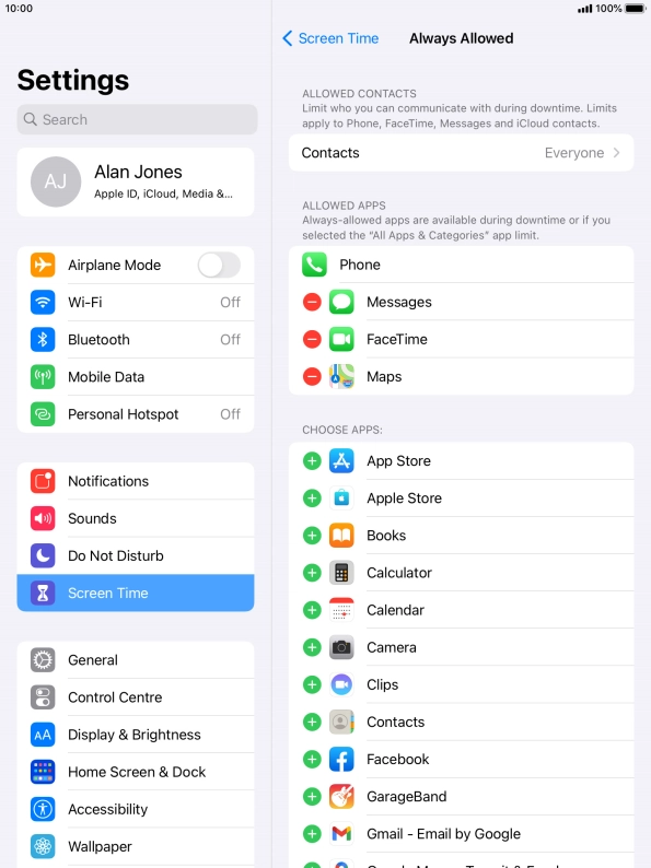 Press the add icon next to the required app to add it to the list of allowed apps during Downtime.
