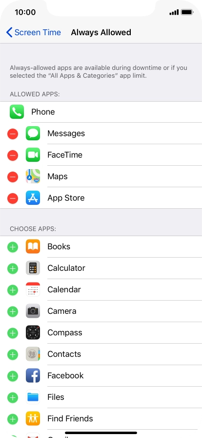 Press the remove icon next to the required app to remove it from the list of allowed apps during Downtime.