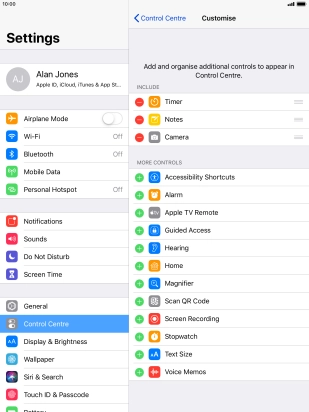 Press the delete icon next to the required function to remove it from Control Centre.