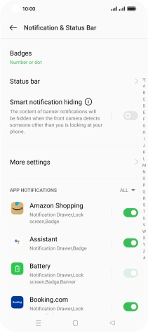 Press the indicator next to the required apps to turn the function on or off.