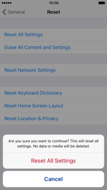 Press Reset All Settings. Wait a moment while the factory default settings are restored. 
Follow the instructions on the screen to set up your phone and prepare it for use.