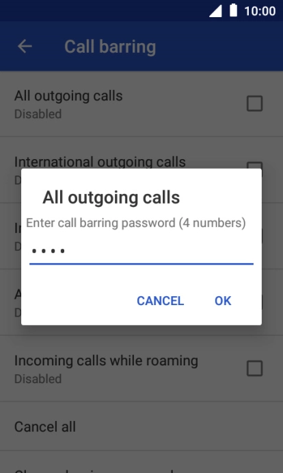 Key in your barring password and press OK. The default barring password is 0000.