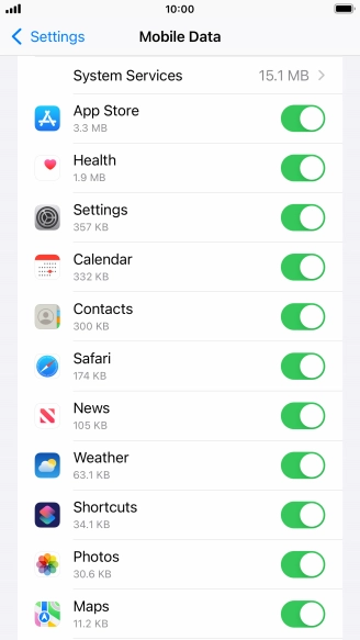 The data usage for each application is displayed below the name of the application.