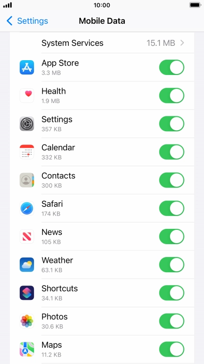 The data usage for each application is displayed below the name of the application.