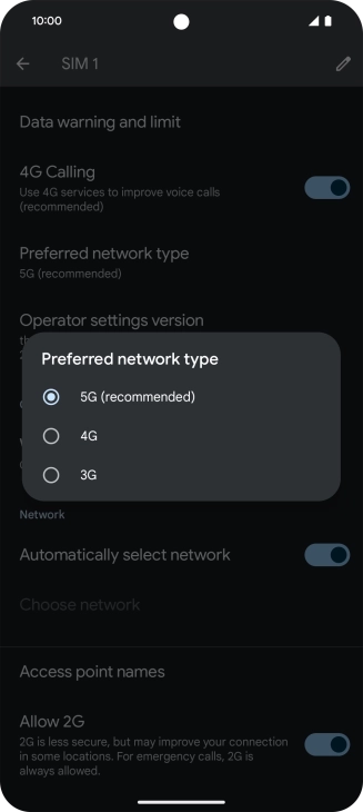 Press the required network mode.