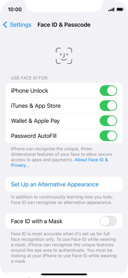 Press the indicators next to the required settings to turn them on or off.