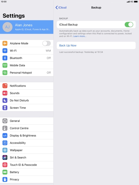 Press Back Up Now and wait while the tablet memory is backed up.