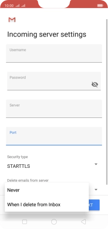 Press Never to keep email messages on the server when you delete them on your phone.