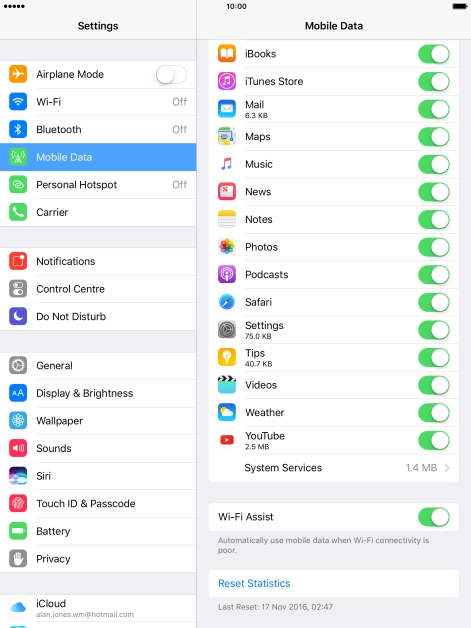 Press the indicator next to the required application to turn the function on or off.