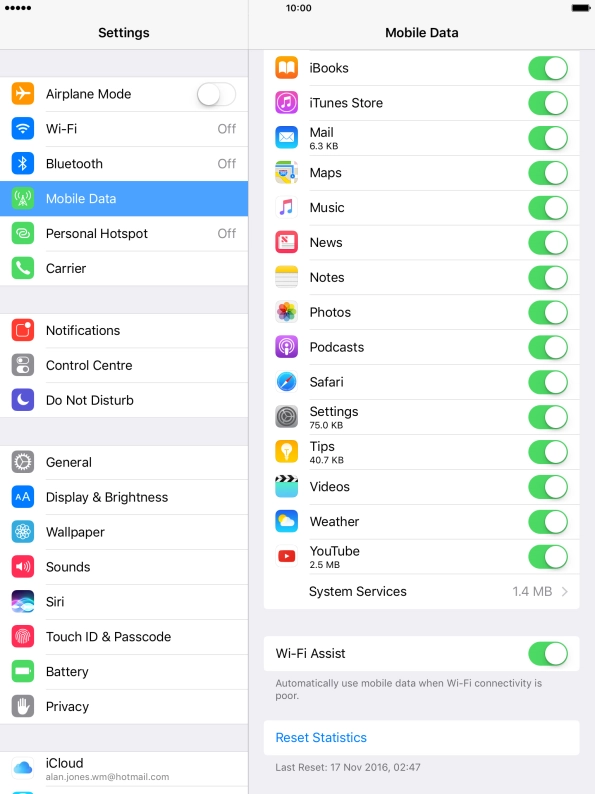 Press the indicator next to the required application to turn the function on or off.