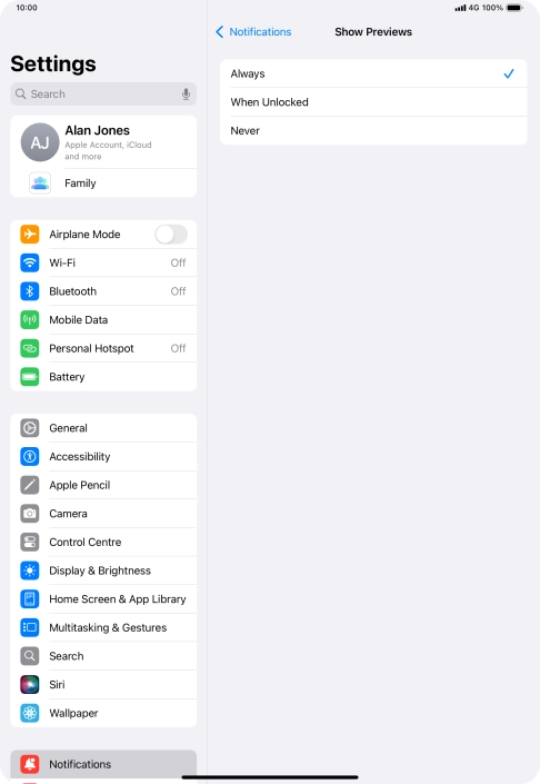 To select notification preview on the lock screen, press Always.