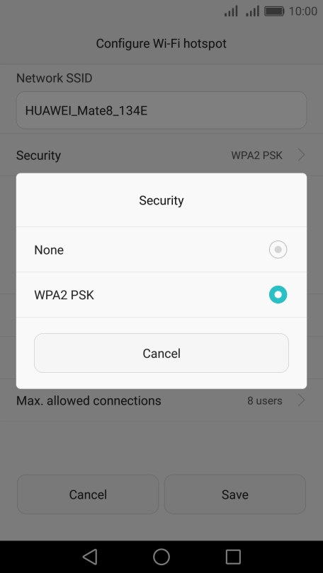Press WPA2 PSK to password protect your Wi-Fi hotspot.