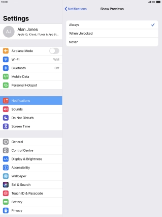 To select notification preview on the lock screen, press Always.
